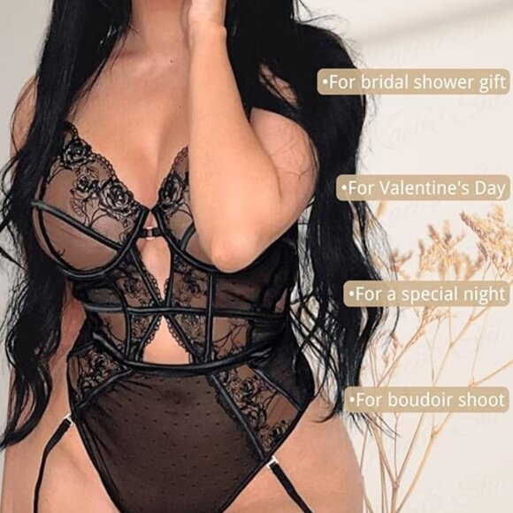 Kaei&Shi Black Floral Underwire Removable Garter Thigh Straps Bodysuit Small - Picture 8 of 8